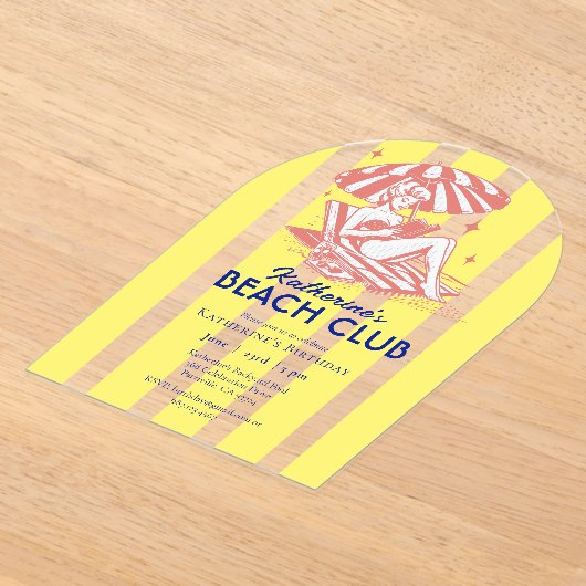 Beach Club Yellow Cabana Stripe Verjaardagsfeest Acryl Uitnodigingen (Laagn)