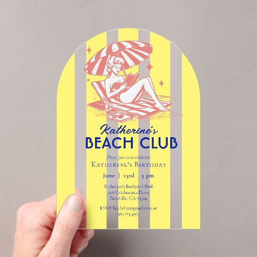 Beach Club Yellow Cabana Stripe Verjaardagsfeest Acryl Uitnodigingen (Insitu (Draagbaar))