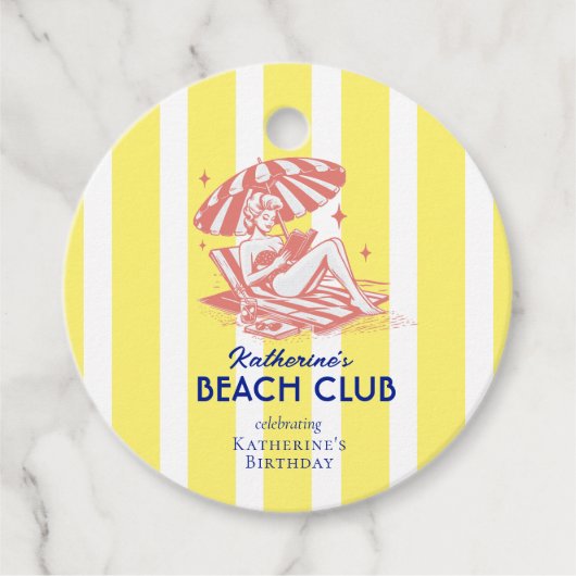 Beach Club Yellow Cabana Stripe Verjaardagsfeest Bedankjes Labels (Voorkant)