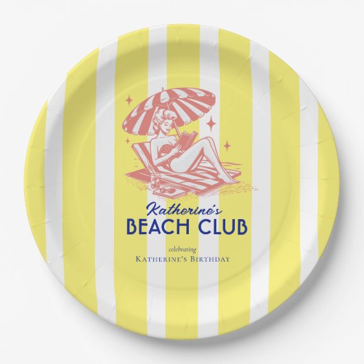 Beach Club Yellow Cabana Stripe Verjaardagsfeest Papieren Bordje (Voorkant)