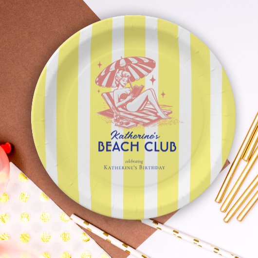 Beach Club Yellow Cabana Stripe Verjaardagsfeest Papieren Bordje