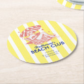 Beach Club Yellow Cabana Stripe Verjaardagsfeest Ronde Kartonnen Onderzetter (Gebogen)