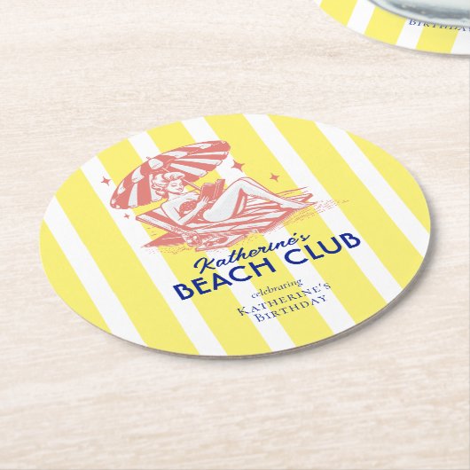 Beach Club Yellow Cabana Stripe Verjaardagsfeest Ronde Kartonnen Onderzetter (Gebogen)