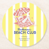 Beach Club Yellow Cabana Stripe Verjaardagsfeest Ronde Kartonnen Onderzetter (Voorkant)