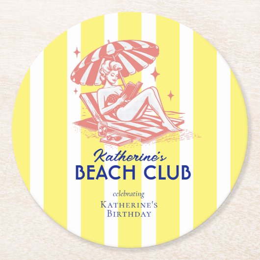 Beach Club Yellow Cabana Stripe Verjaardagsfeest Ronde Kartonnen Onderzetter (Voorkant)