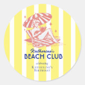 Beach Club Yellow Cabana Stripe Verjaardagsfeest Ronde Sticker (Voorkant)