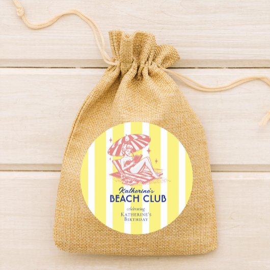 Beach Club Yellow Cabana Stripe Verjaardagsfeest Ronde Sticker