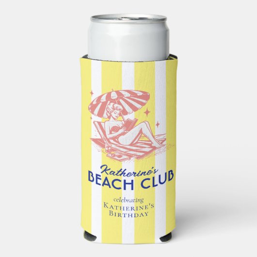 Beach Club Yellow Cabana Stripe Verjaardagsfeest Seltzer Blikjeskoeler (Seltzer Voorkant)