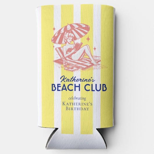Beach Club Yellow Cabana Stripe Verjaardagsfeest Seltzer Blikjeskoeler (Voorkant)