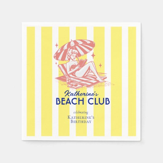 Beach Club Yellow Cabana Stripe Verjaardagsfeest Servet (Voorkant)