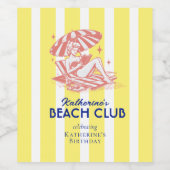 Beach Club Yellow Cabana Stripe Verjaardagsfeest Wijn Etiket (Enkel label)