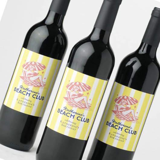 Beach Club Yellow Cabana Stripe Verjaardagsfeest Wijn Etiket