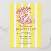 Beach Club Yellow Stripes Verjaardagsfeest Goud Folie Uitnodiging (Voorkant)