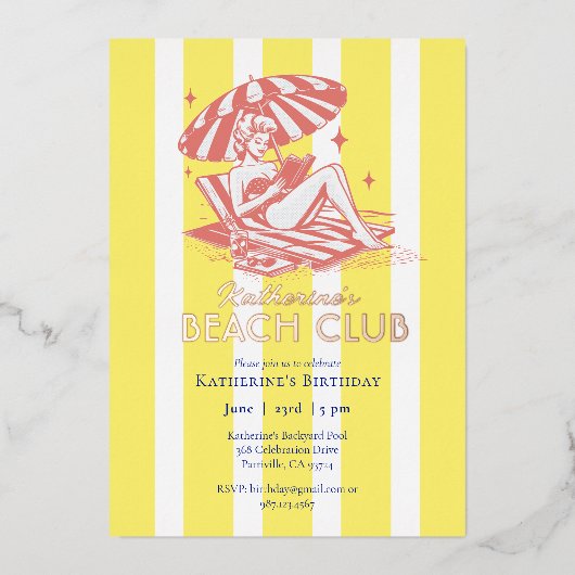 Beach Club Yellow Stripes Verjaardagsfeest Goud Folie Uitnodiging (Voorkant)