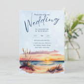 Beach Coastal Destination Sunset Tropical Wedding Kaart (Staand voorkant)
