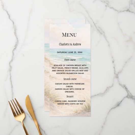 Beach coastal dinner wedding menu (Voorkant / Achterkant in situ)