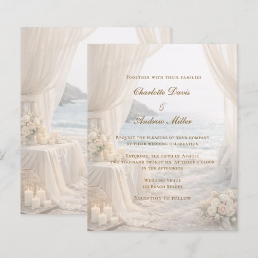 Beach coastal elegant romantic wedding invitation (Voorkant / Achterkant)