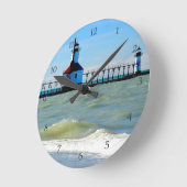 Beach Coastal Lighthouse Pier Ocean Waves Blue Sky Ronde Klok (Hoek)