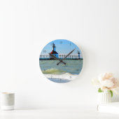Beach Coastal Lighthouse Pier Ocean Waves Blue Sky Ronde Klok (Huis)