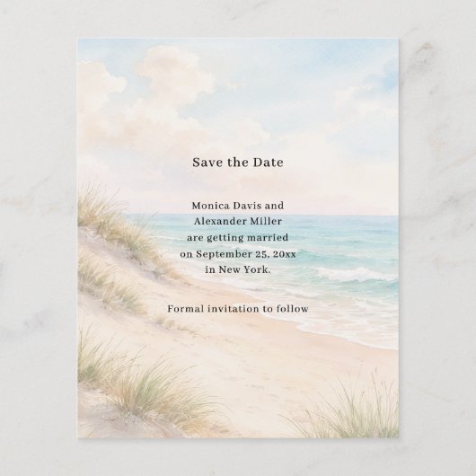 Beach coastal modern wedding budget Save the Date Flyer (Achterkant)