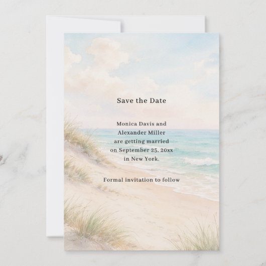 Beach coastal modern wedding save the date (Achterkant)