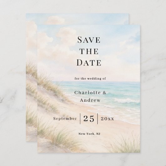 Beach coastal modern wedding Save the Date card (Voorkant / Achterkant)
