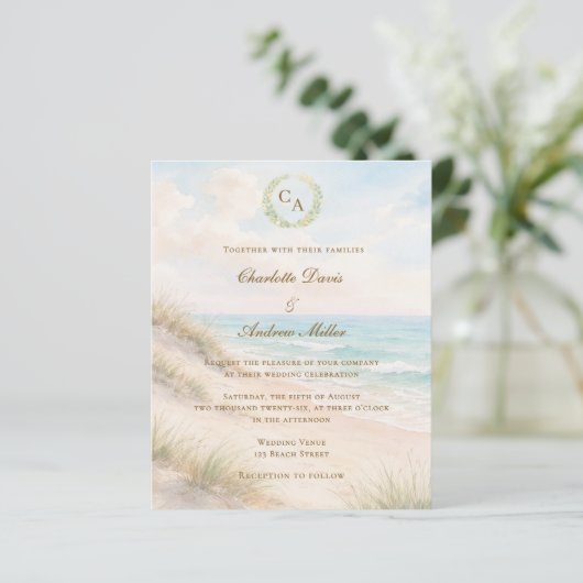 Beach coastal monogrammed wedding invitation (Staand voorkant)