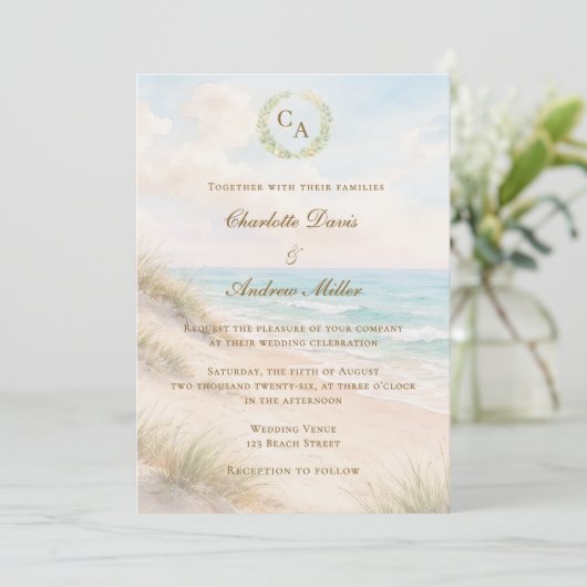Beach coastal monogrammed wedding kaart (Staand voorkant)