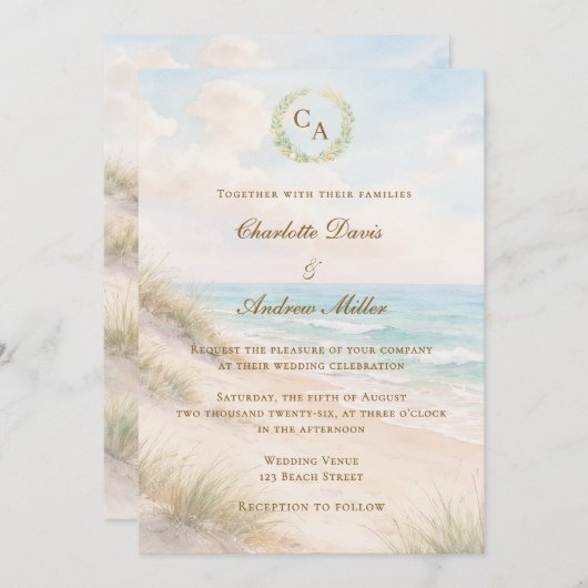 Beach coastal monogrammed wedding kaart (Voorkant / Achterkant)