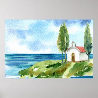 Beach Coastal Ocean Church Waterverf Poster