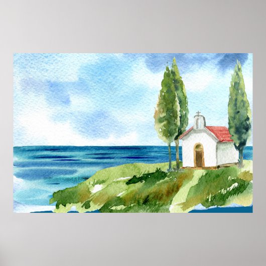 Beach Coastal Ocean Church Waterverf Poster (Voorkant)