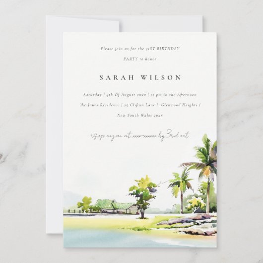 Beach Coastal Palm Tree any Age Birthday Invite Bedankkaart (Voorkant)