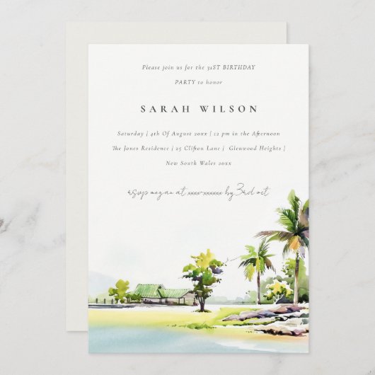 Beach Coastal Palm Tree any Age Birthday Invite Bedankkaart (Voorkant / Achterkant)