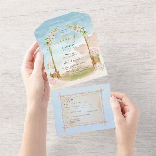 Beach Coastal Rustic Boho Wedding RSVP MENU all in All In One Uitnodiging (Afscheurbaar)
