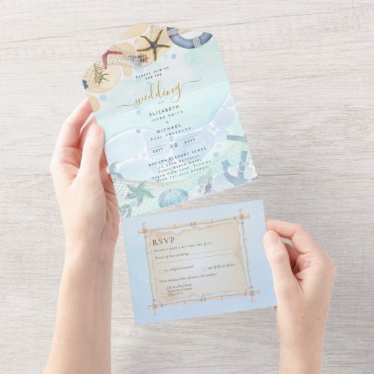 Beach Coastal Rustic Boho Wedding RSVP MENU all in One Uitnodiging (Afscheurbaar)