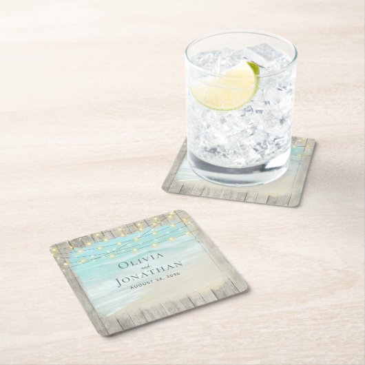 Beach Coastal Rustic Wood String Lights Wedding Kartonnen Onderzetters (Insitu)