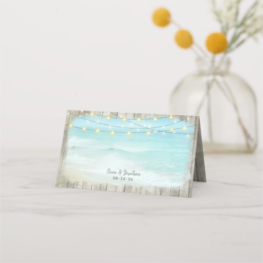 Beach Coastal Rustic Wood String Lights Wedding Plaatskaartje (Achterkant)