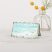 Beach Coastal Rustic Wood String Lights Wedding Plaatskaartje (Voorkant)