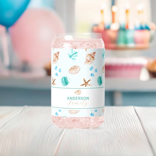 Beach Coastal Seashells Family Name Custom Blikvorm Glas (Insitu (Baby Shower))