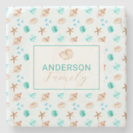 Beach Coastal Seashells Family Name Custom Stenen Onderzetter