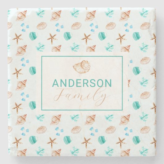 Beach Coastal Seashells Family Name Custom Stenen Onderzetter (Voorkant)