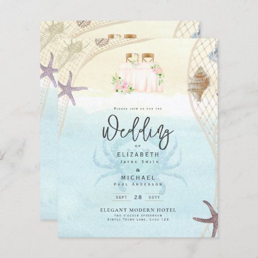 Beach Coastal Weddenschap Invitation Sand Ocean Li (Voorkant / Achterkant)