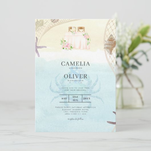 Beach Coastal Weddenschap Invitation Sand Ocean Li Kaart (Staand voorkant)
