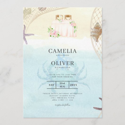 Beach Coastal Weddenschap Invitation Sand Ocean Li Kaart (Voorkant)