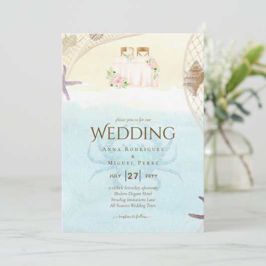 Beach Coastal Weddenschap Invitation Sand Ocean Li Kaart (Staand voorkant)