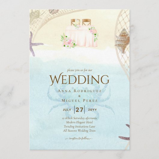 Beach Coastal Weddenschap Invitation Sand Ocean Li Kaart (Voorkant)