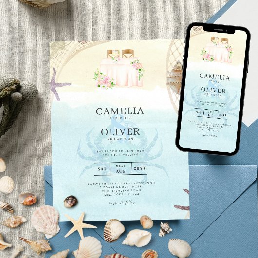 Beach Coastal Weddenschap Invitation Sand Ocean Li Kaart
