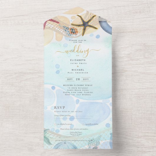 Beach Coastal Wedding Invite RSVP Menu Details All In One Uitnodiging (Binnen)