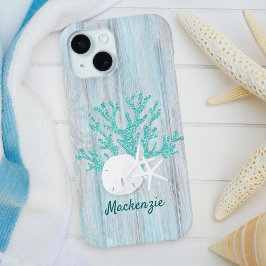 Beach Coastal Wood Aqua Glitter Custom iPhone 15 Case