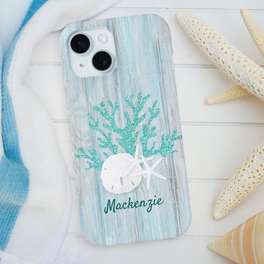 Beach Coastal Wood Aqua Glitter Custom Case-Mate iPhone Case